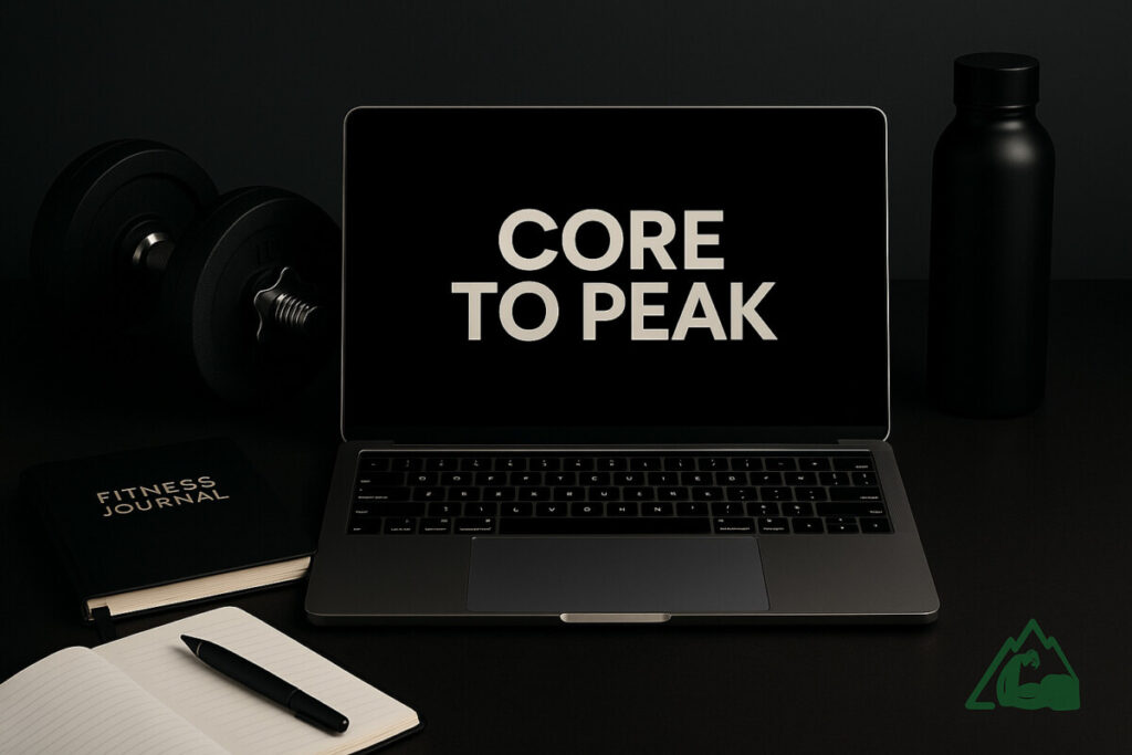 피트니스 저널과 덤벨이 놓인 노트북 작업 공간, CoreToPeak 로고가 보이는 운동 블로그 작업 환경