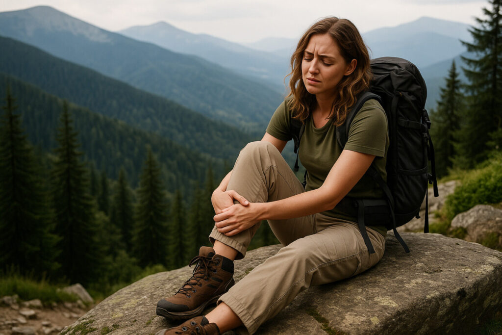 등산 후 근육통으로 힘들어 하는 여성